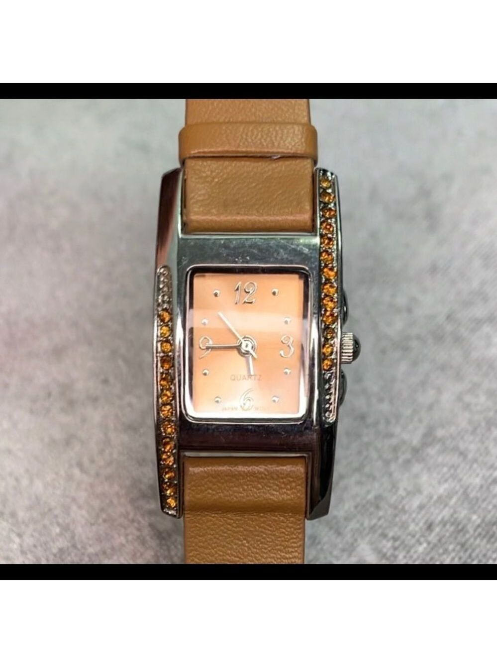 Quartz camel coloured rectangular crystal rhinestone trim watch